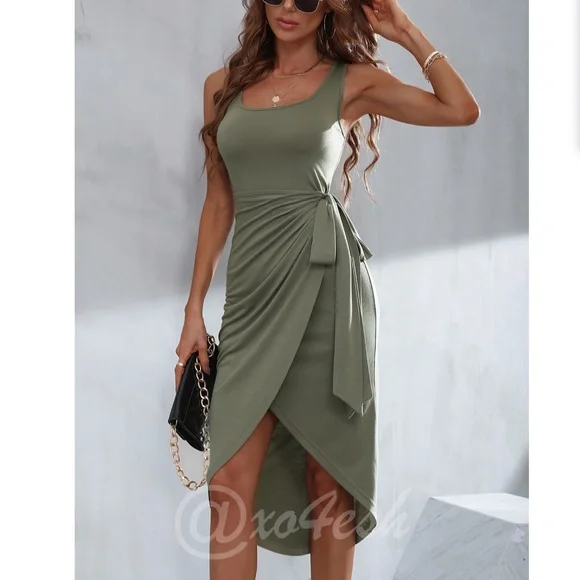 Casual Army Green Dress Tie Side Faux Wrap - Picture 2 of 8